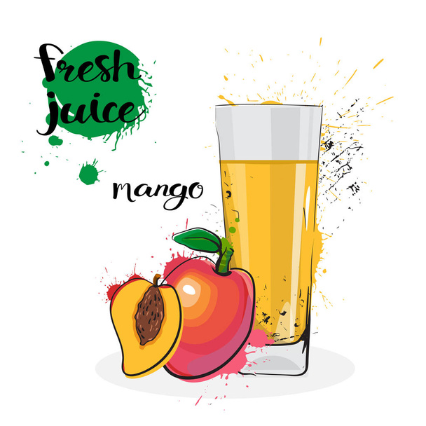 Mango Juice Fresh Hand Drawn Watercolor Fruits And Glass On White Background - Vetor, Imagem
