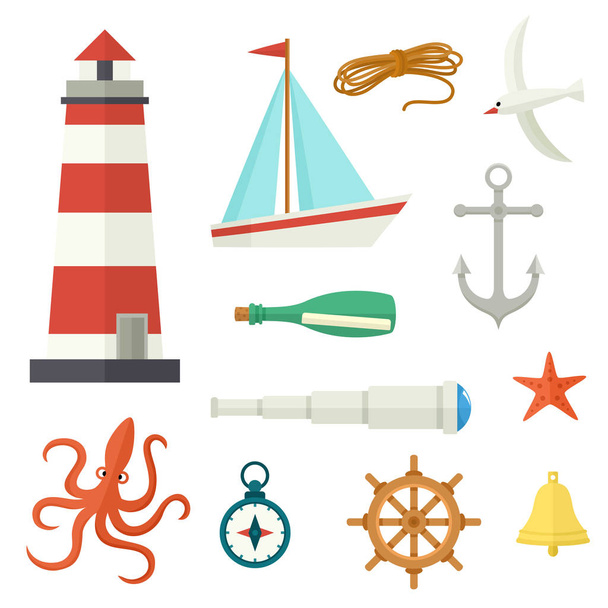 Big set of flat cartoon style nautical elements - Διάνυσμα, εικόνα