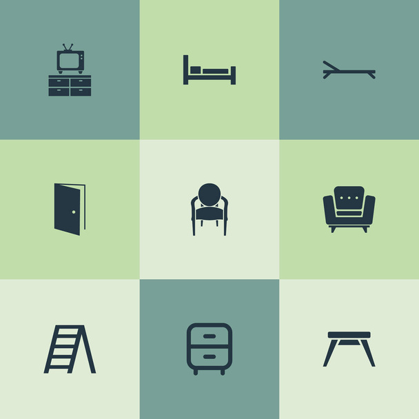 Vector illustratie Set van eenvoudige meubels iconen. Elementen zetel, elegante stijl, zonnebaden en andere synoniemen Bed, trappen en Vintage. - Vector, afbeelding