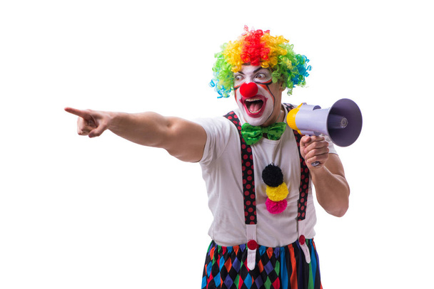 Смішний клоун з мегафоном ізольовано на білому тлі
 - Фото, зображення