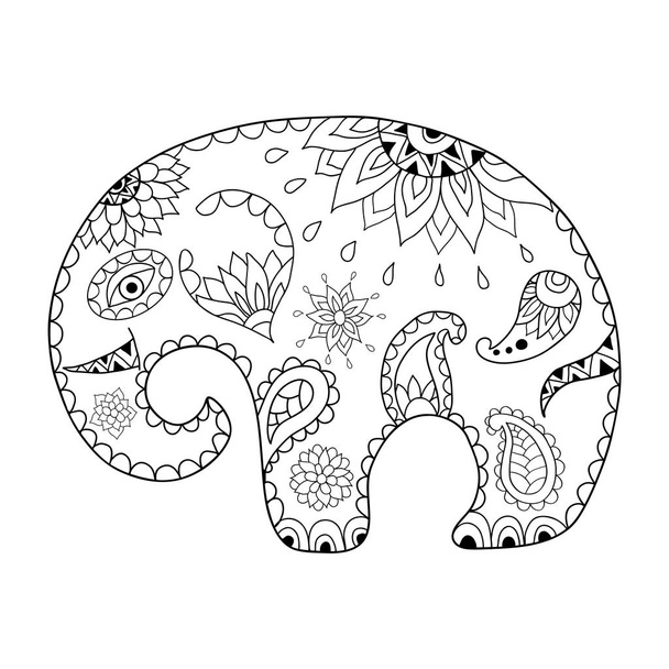Handgezeichneter Cartoon-Elefant für erwachsene Anti-Stress-Malseite. Muster für Malbuch. - Vektor, Bild