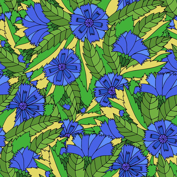 Patrón inconsútil colorido con acianos y hojas en estilo gitano
. - Vector, Imagen