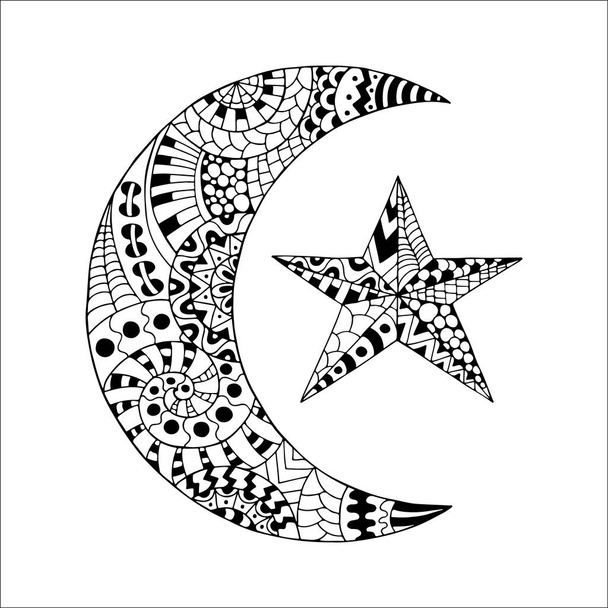 Luna nueva dibujada a mano y estrella para colorear página anti estrés
. - Vector, Imagen