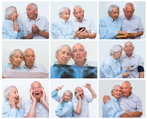 Senior paar thuis met behulp van smartphones - Foto, afbeelding