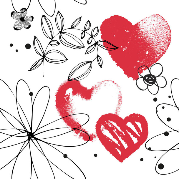 μοτίβο με λουλούδια και κόκκινες καρδιές  - Διάνυσμα, εικόνα