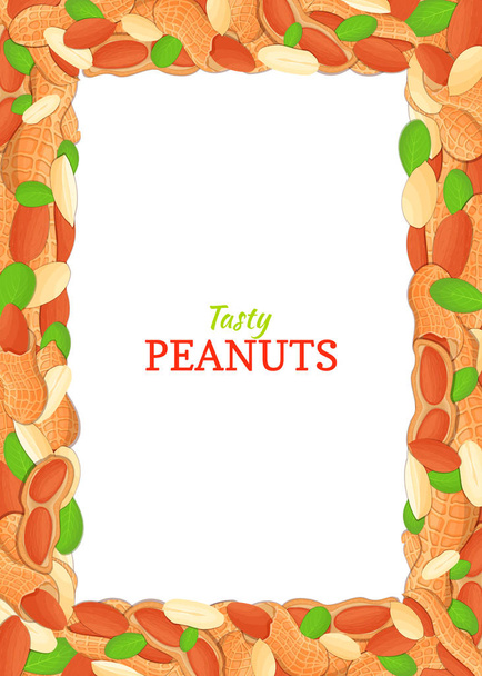 Cornice verticale rettangolare colorata composta da deliziose arachidi. Illustrazione della scheda vettoriale. Montatura di arachidi, frutta di noce in guscio, intera, sgusciata, foglie per il confezionamento di alimenti
 - Vettoriali, immagini