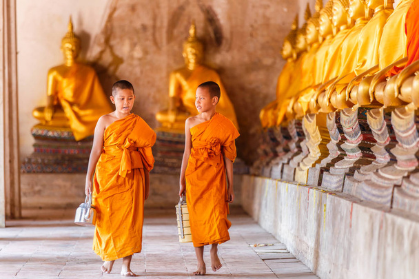 Deux moines novices marchant et parlant dans le vieux temple à l'heure du coucher du soleil, province d'Ayutthaya, Thaïlande
 - Photo, image