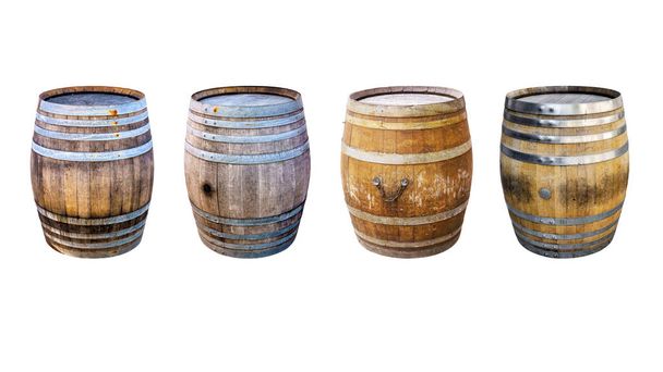 Групи старих дерев'яних бочок для шампанського, вина, віскі, рому, пива, зі сталевим кільцем на білому тлі
. - Фото, зображення