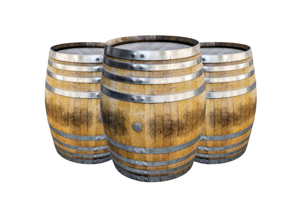 Starý dřevěný Sud skupiny pro šampaňské, víno, whisky, rum, pivo, ocelový kroužek na bílém pozadí. - Fotografie, Obrázek