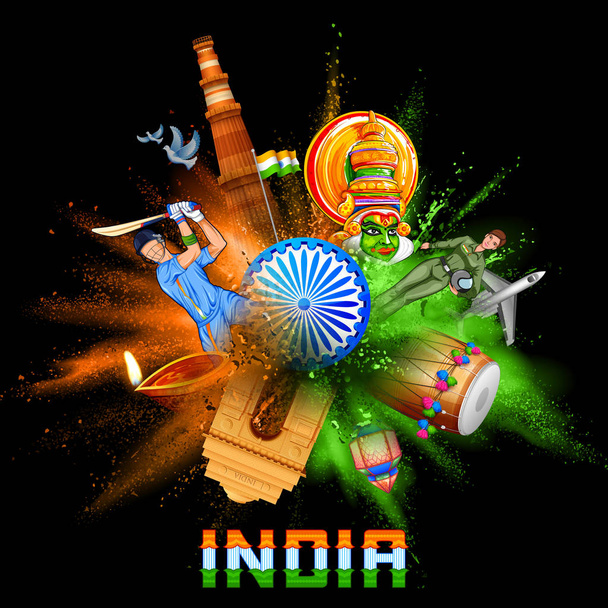 India background in tricolor and Ashoka Chakra with powder color explosion - Vector, Image