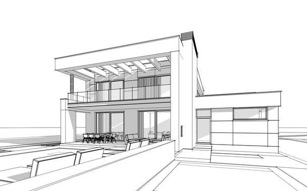 3D-Rendering-Skizze des modernen gemütlichen Hauses. - Foto, Bild