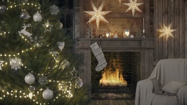 acogedor interior de Navidad con cordón de fuego y christmastree. RENDERACIÓN 3D
 - Metraje, vídeo