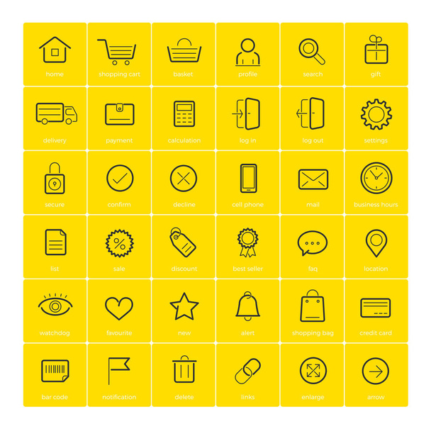 Εικονίδια ηλεκτρονικού εμπορίου σε κίτρινο φόντο - Διάνυσμα, εικόνα