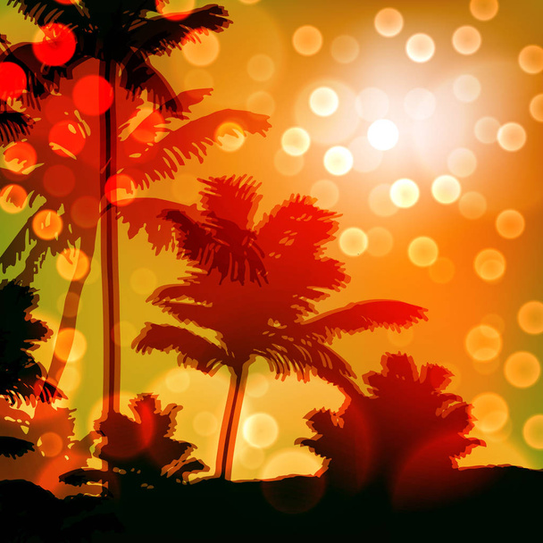 Meri auringonlasku saaren ja palmuja
 - Vektori, kuva