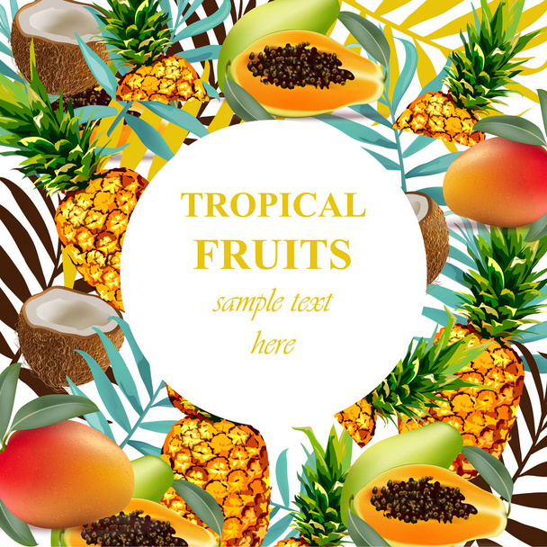 Tropical vector fruits and flowers round card. Summerl template design with palm leaves and exotic flowers - Vector, Image