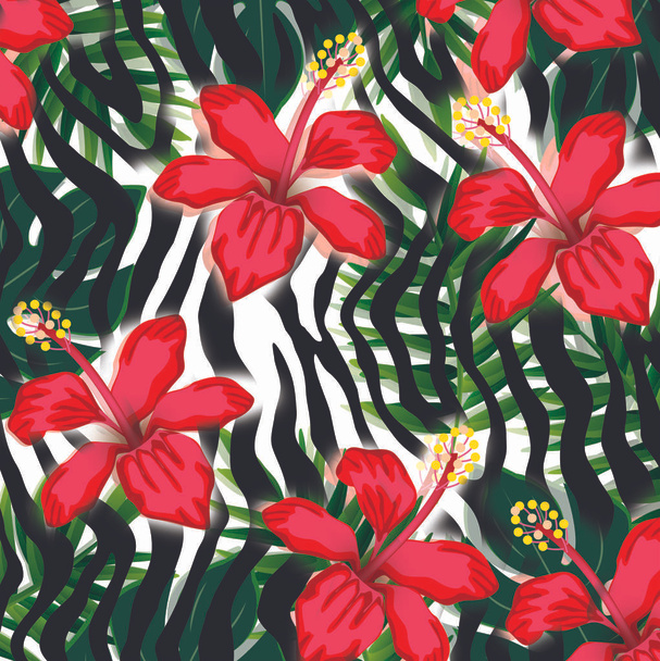 tropical flower print over zebra background - Photo, Image