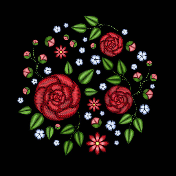 Embroidery roses flowers. Patch for womens, girls T-shirts. Vector illustration. Graphic tee - Διάνυσμα, εικόνα