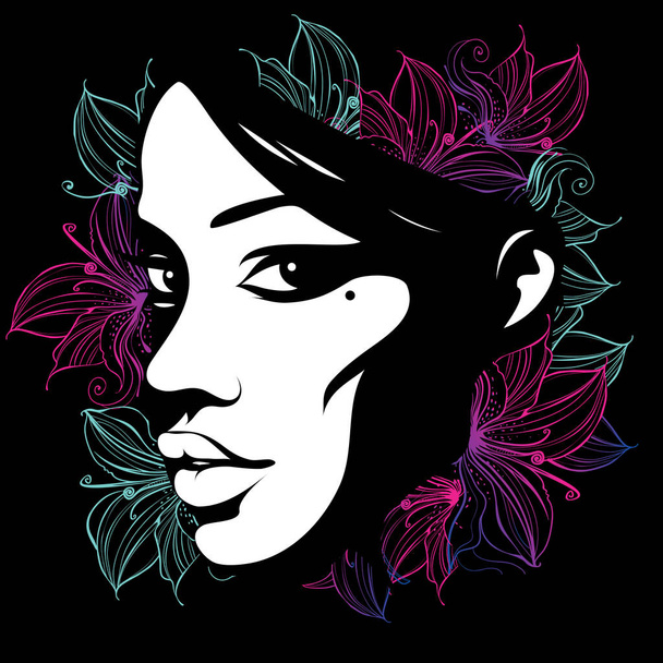 siluetti naisen kasvot koristeltu kukkia
 - Vektori, kuva