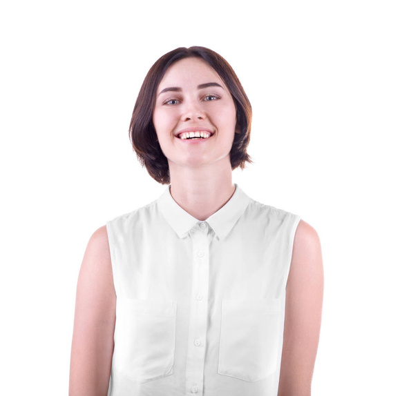A smiling lady isolated on a white background. A happy and confident student. A professional successful woman. Health concept.  - Foto, afbeelding