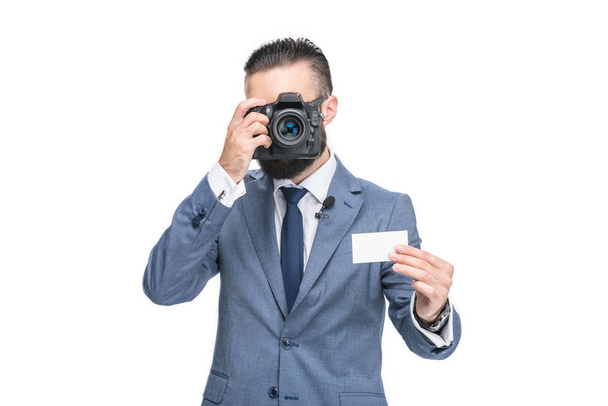 businessman taking photo of card - Zdjęcie, obraz