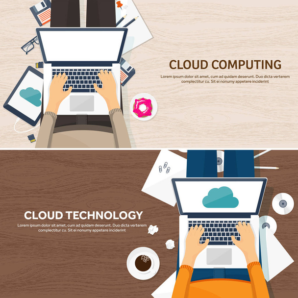Vector illustration. Workplace, table with documents, computer. Flat cloud computing background. Media, data server. Web storage.CD. Paper blank. Digital technologies. Internet connection. - Vector, Image