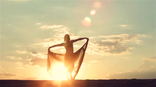 Silhouet van een dansende vrouw bij zonsondergang - Video