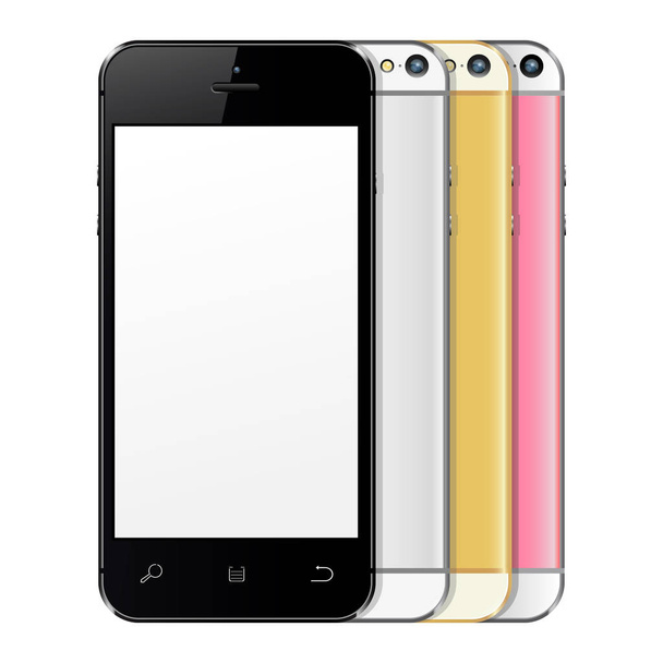 New realistic black, silver, golden and rose smartphones set mockup - Vector, Image
