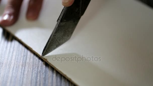 Closeup furniture knife cutting plywood board - Footage, Video