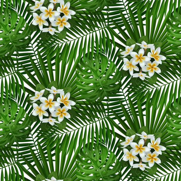 Tropical Flowers and Leaves Seamless Pattern - Vektör, Görsel