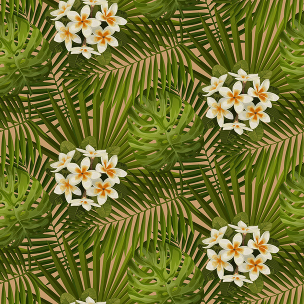 Retro Tropical Flowers and Leaves Seamless Pattern - Vektör, Görsel