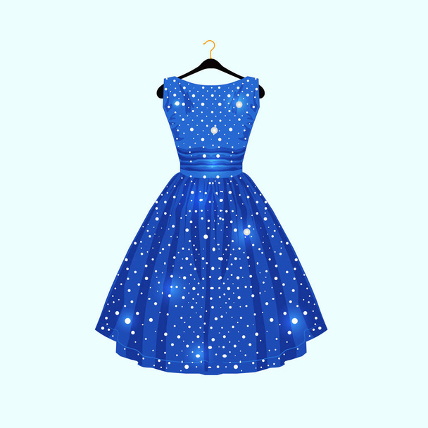 Blauwe jurk met witte stippen. Vectorillustratie mode. - Vector, afbeelding