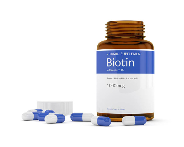 3d rendering of bottle with vitamin B7 pills  - Foto, Bild