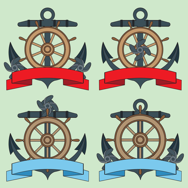 Pictogram op het thema van de zee. Reddingsboei, anker, stuurwiel, kronkelende lint voor inscriptie. - Vector, afbeelding