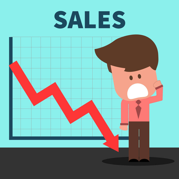 Empresario en caída hacia abajo gráfico con flecha roja en el fracaso
 - Vector, Imagen