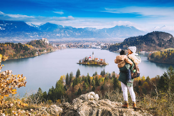 Traveling family looking on Bled Lake, Slovenia, Europe  - Zdjęcie, obraz