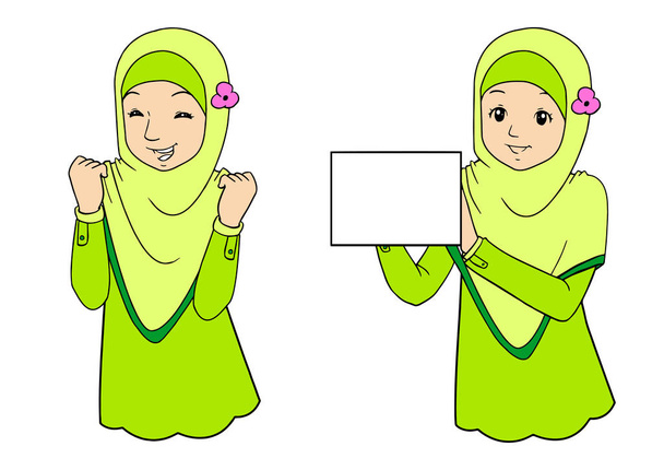 Jovem mulher muçulmana com expressões faciais
 - Vetor, Imagem