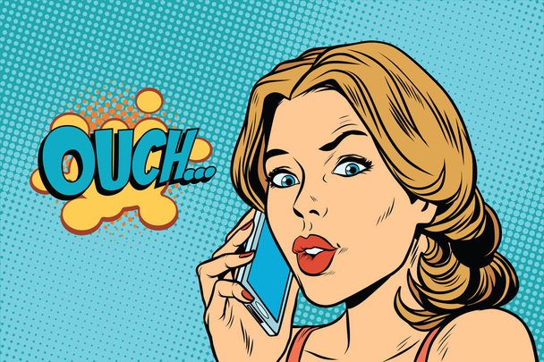 ouch woman speaks on the smartphone - Vector, Image