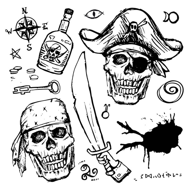 Cráneo de piratas con sombrero. Atributos de aventura piratas aislados conjunto vectorial dibujado a mano: llaves y ron, símbolos misteriosos
. - Vector, imagen