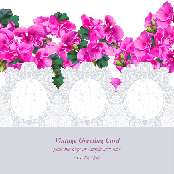 Pink flowers and lace card Vector. delicate summer card. Springtime fresh natural composition - Vetor, Imagem
