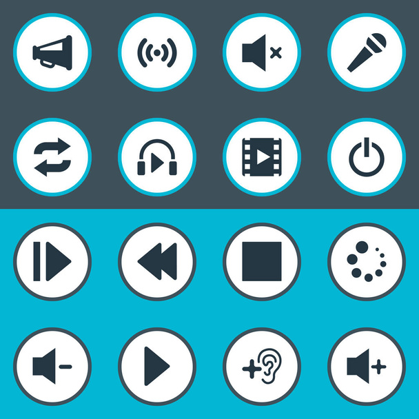 Vector Illustration Set Of Simple Audio Icons. Elements Upload, Control Panel, Switch Off And Other Synonyms Quiter, Player And Plus. - Vector, Image