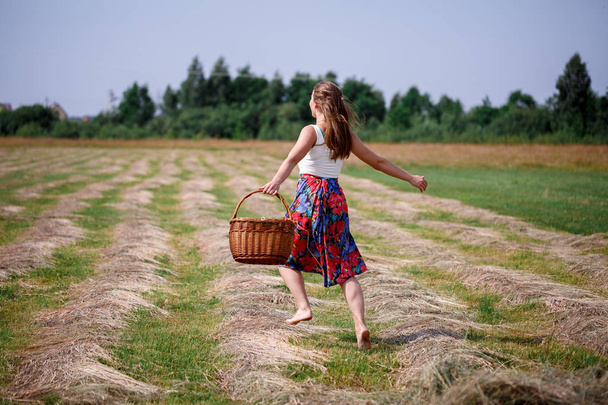 дівчина в яскравій спідниці і плетений кошик гуляє в полі на тлі скошеної трави
 - Фото, зображення