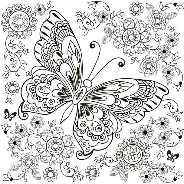 Decorative butterfly with floral ornament for anti Stresa Coloring. - Wektor, obraz