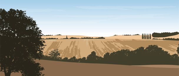 Ilustração vetorial realista de uma paisagem montanhosa com um campo
  - Vetor, Imagem