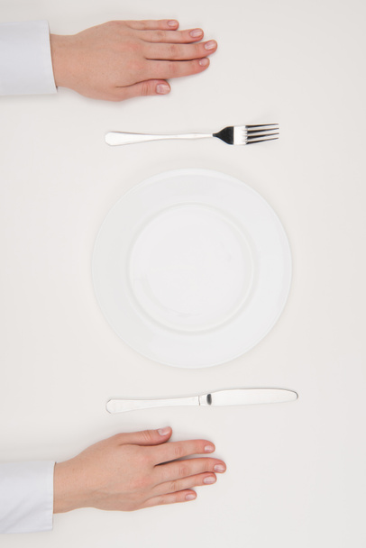 руки, пустая тарелка и столовые приборы
 - Фото, изображение