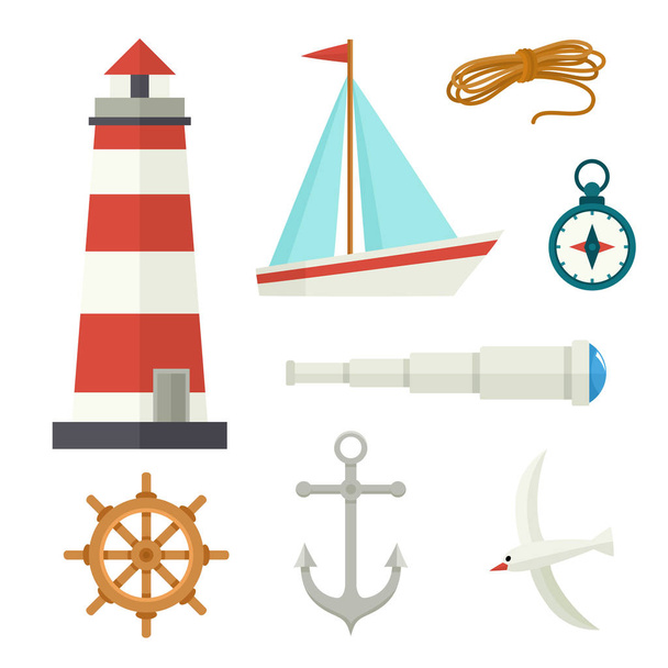 Set of flat cartoon style nautical elements - Vetor, Imagem