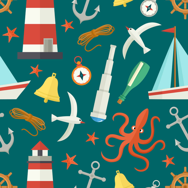 Seamless pattern with cartoon nautical elements - Vector, Image