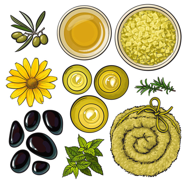 gelbes Zubehör für den Wellnessbereich - Basaltsteine, Massageöl, Handtuch, Kerzen, aromatisches Salz - Vektor, Bild