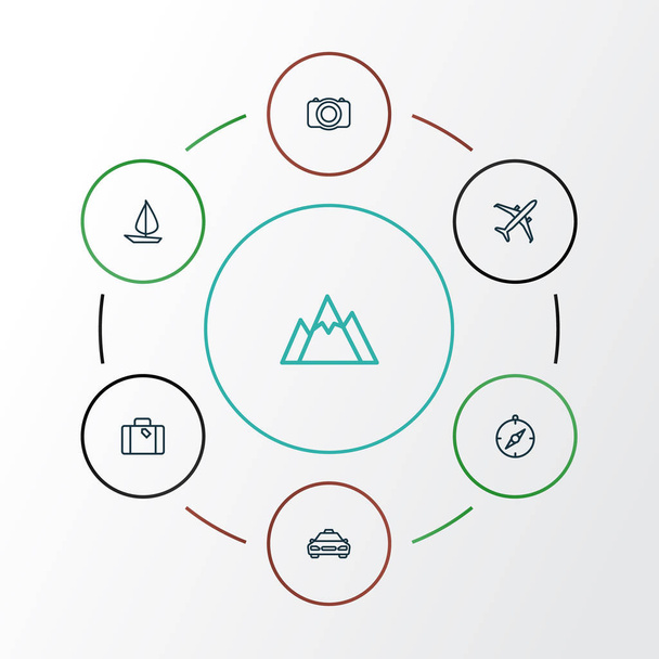 Traveling Outline Icons Set. Collection Of Video, Hill, Plane And Other Elements. Also Includes Symbols Such As Direction, Mountain, Boat. - Vector, Image