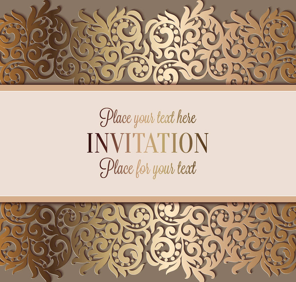 Invitación de boda de lujo barroco antiguo, oro sobre fondo beige con marco y lugar para el texto, follaje de encaje con gradiente brillante
 - Vector, Imagen