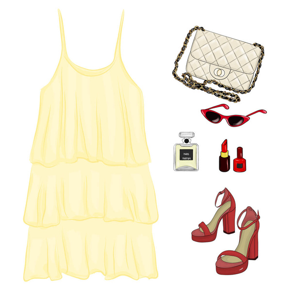  A set of summer outfit collection with accessories. - Vector, Image
